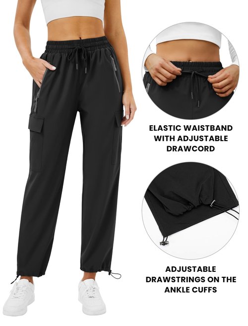 DLOODA Women's Cargo Pants Quick Dry Lightweight Hiking Pants with Zipper Pockets Waterproof Joggers Casual(Black M)