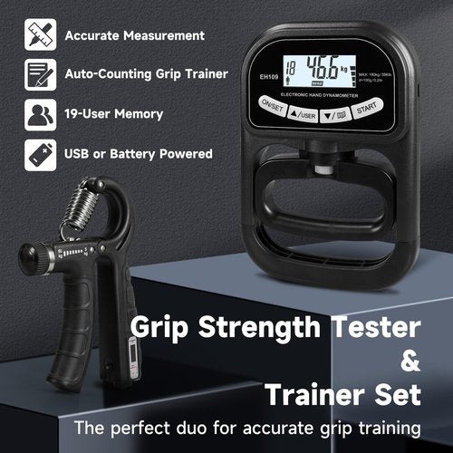 Fanovae Digital Grip Strength Tester & Trainer Set – LCD Hand Dynamometer with 19-User Memory, USB or Battery Powered + Electronic Grip Exerciser with 1-Touch Reset – Fitness Gift for Men