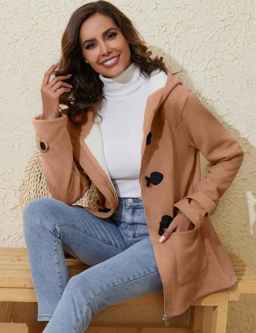 Gihuo Winter Jackets for Women Sherpa Lined Jacket Women Duffle Toggle Coat Hooded Fleece Jacket(Khaki-L)
