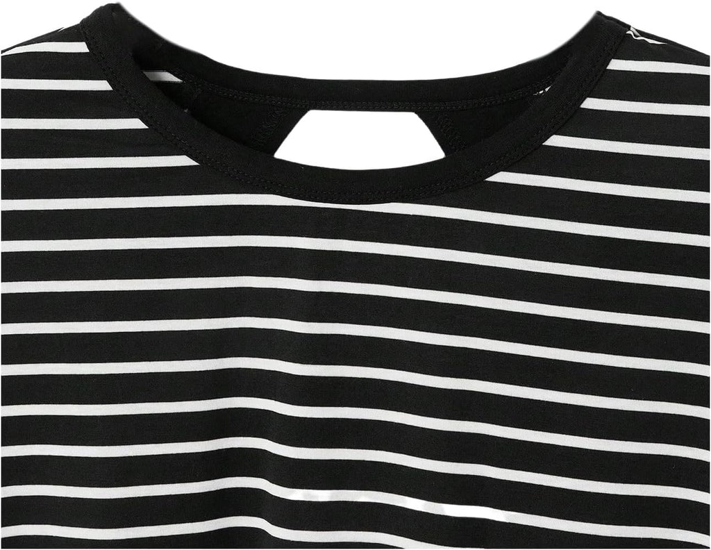 WDIRARA Women's Workout T-Shirt - Stripe Open Back Design | Short Sleeve Criss Cross Tee
