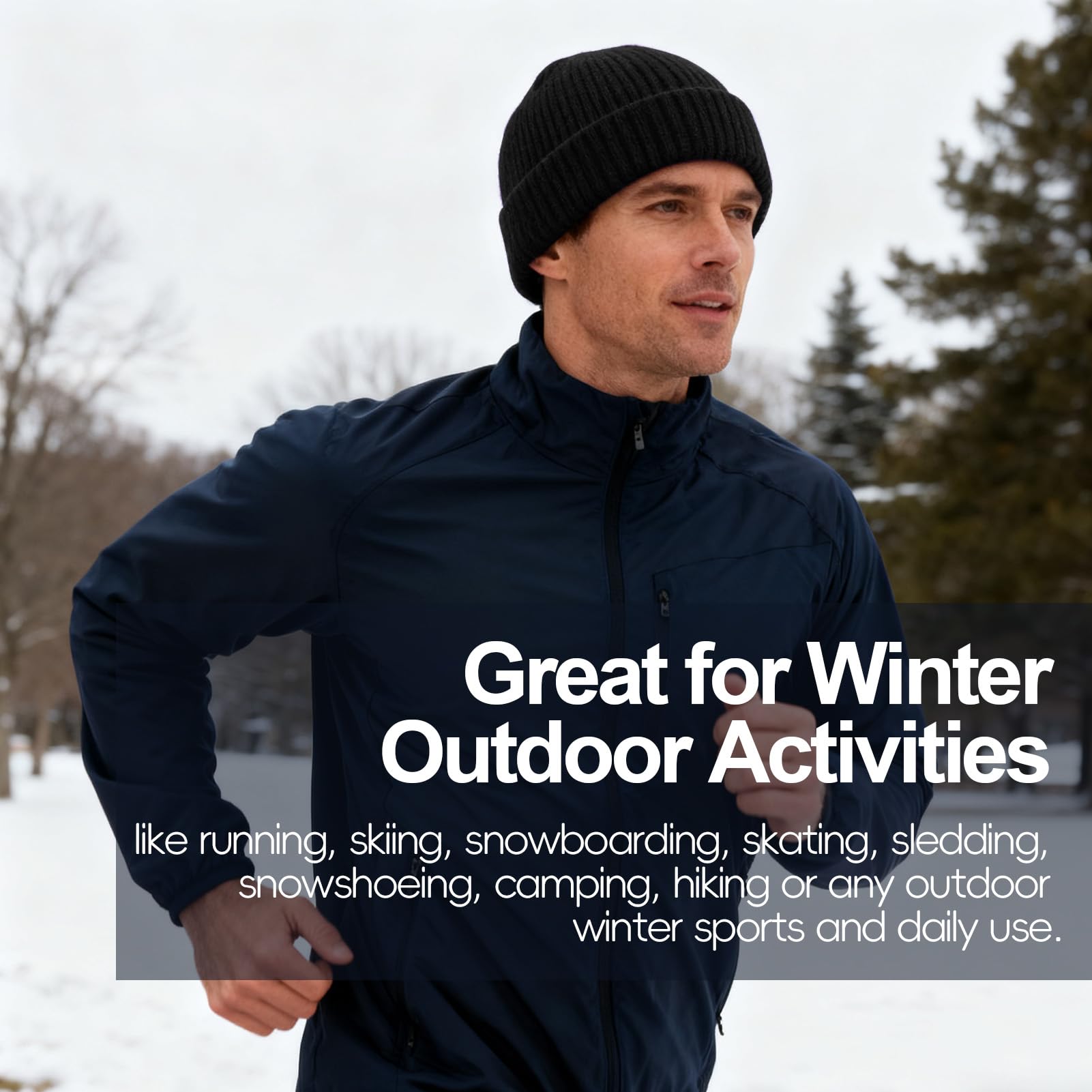 Oversized L/XL/XXL Merino Wool Beanie Hat for Men Big Head Cuffed Watch Cap Warm Soft Knit Winter Hat Black