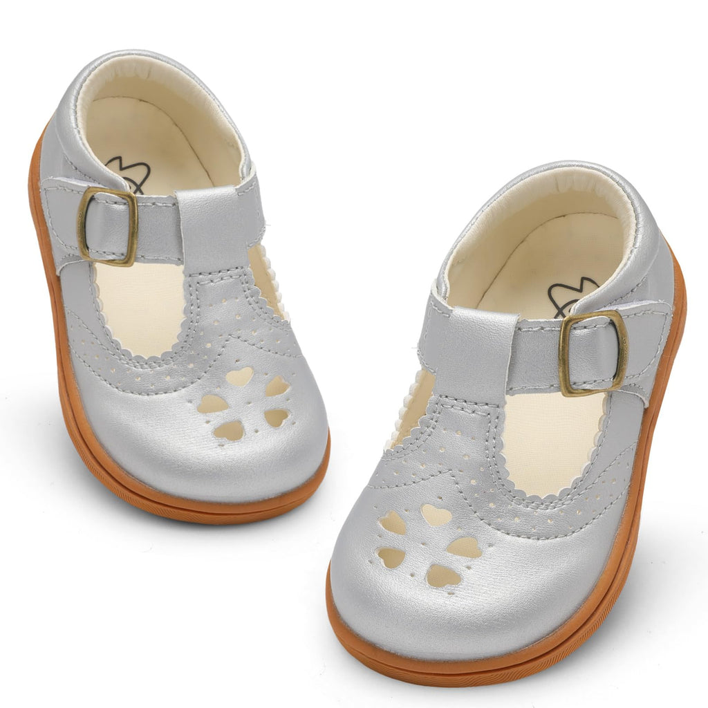 LeIsfIt Toddler Girls Shoes Flower Girl Mary Jane Dress Shoes Wide Ballet Flats forParty School Wedding Church Silvery 5 Toddler
