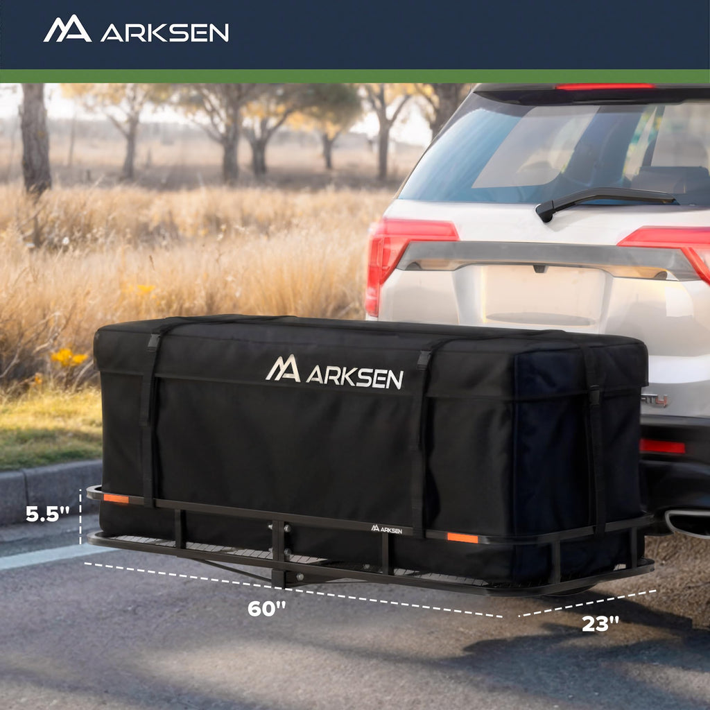 ARKSEN 60" x 23" x 5.5" Folding Hitch Cargo Carrier Basket w/Waterproof Cargo Bag(16.5 Cu Ft), Net, Hitch Stabilizer, 2 Ratchet Straps, 500 Lbs Heavy Duty Rear Trailer Cargo Rack Fits 2" Receiver