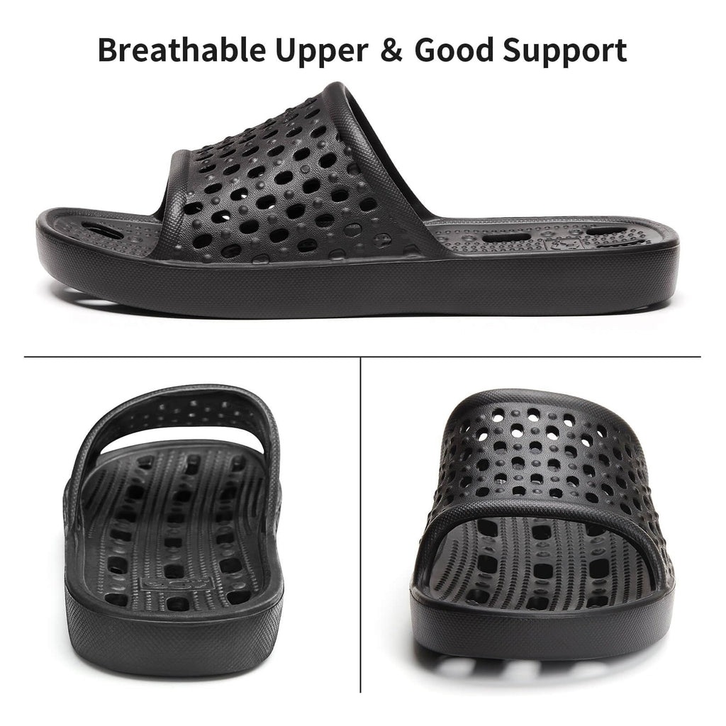 Xomiboe Shower Shoes for Men Women, Non Slip Quick Dry Shower Sandals with Drain Holes, Lightweight EVA Shower Slippers for Gym, College Dorm, Pool, Locker Room Black EU44-45