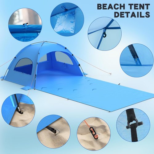 Beach Tent Sun Shelter by [Brand Name] - UPF 50+ Protection with Extended Sand Mat | Portable for 3-4 People