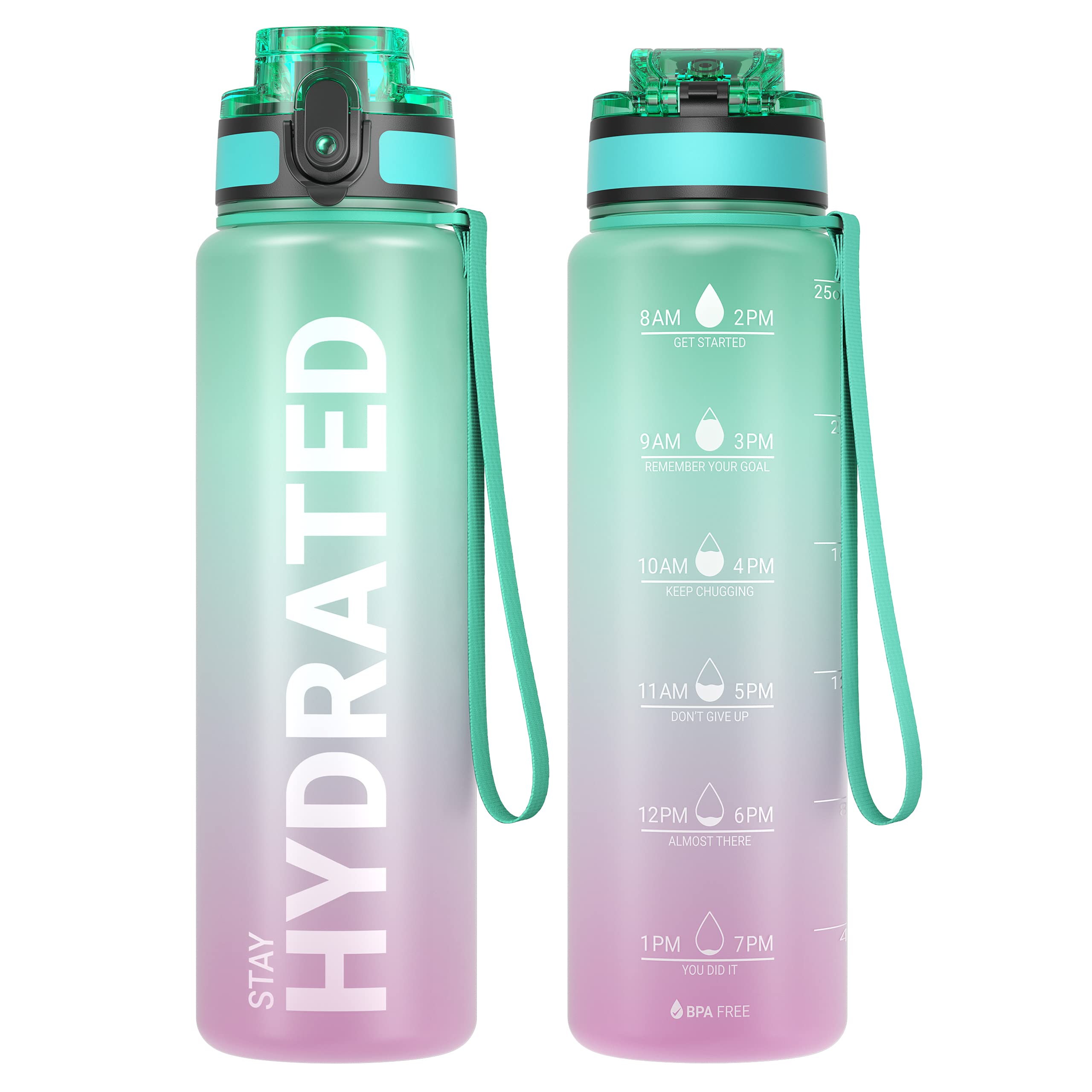 Sahara Sailor Water Bottle, 32/25/17oz Durable and Leakproof Water Bottles Motivational with Time Marker, Tritan, BPA Free, Wide Mouth with Easy Clean Brush for Gym, Travel, School, Office (1 Bottle)