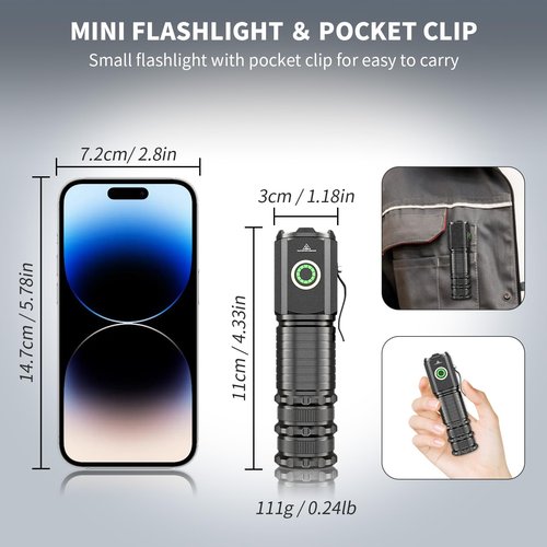 Wind&Moon Mini LED Flashlight Rechargeable, Small Bright High Lumens Powerful Pocket Flashlights with Clip, 5 Modes,Tactical Magnetic EDC Flash Light for Home,Car,Outdoor,Hiking, Emergency (2 Pack)
