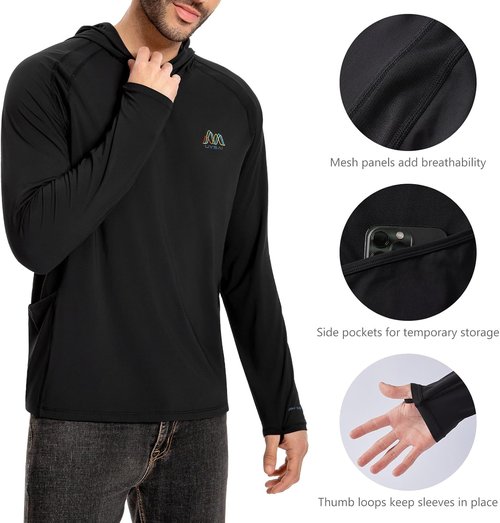 Men’s UPF 50+ Hoodie Shirt Long Sleeve Permanent UV Sun Protection Vented Tee Performance for Outdoor Hiking Fishing