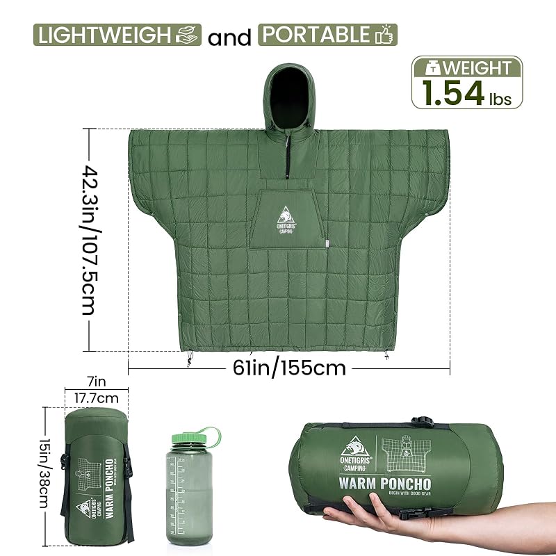 ONETIGRIS Camping Blanket Poncho - Wearable Hoodie Blanket (1pc, Green) - Outdoor Thermal Shawl