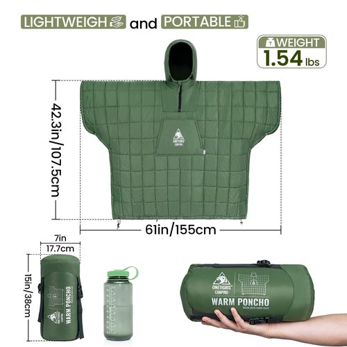 ONETIGRIS Camping Blanket Poncho with with Recycled Synthetic Insulation,Wearable Hoodie Blanket | Ultralight Water-Resistant Warm Camping Blanket for Outdoor, Hiking, Stadium