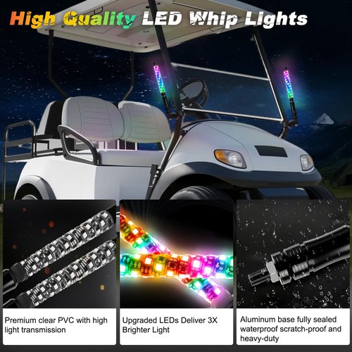 2PCS 1FT Whip Lights for All Golf Cart Yamaha Club Car Ezgo with Spring Base, Buletooth APP & Remote Contral with Turn Signal Brake Lights,Waterproof IP68 Spiral RGB LED Chasing Pole Light
