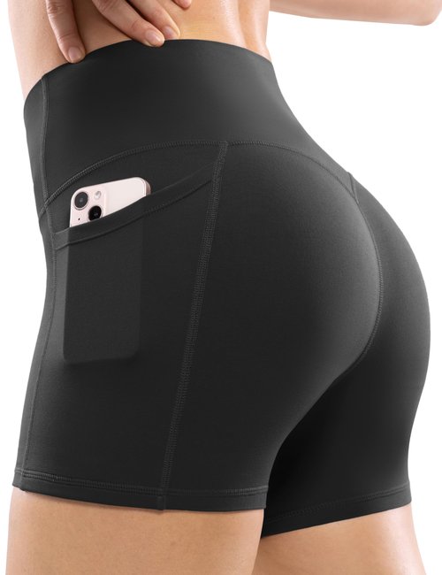POSHDIVAH Women's Creamluxe Yoga Shorts with Pockets - 4" High Waisted Spandex Workout Running Volleyball Biker Shorts, Black Medium