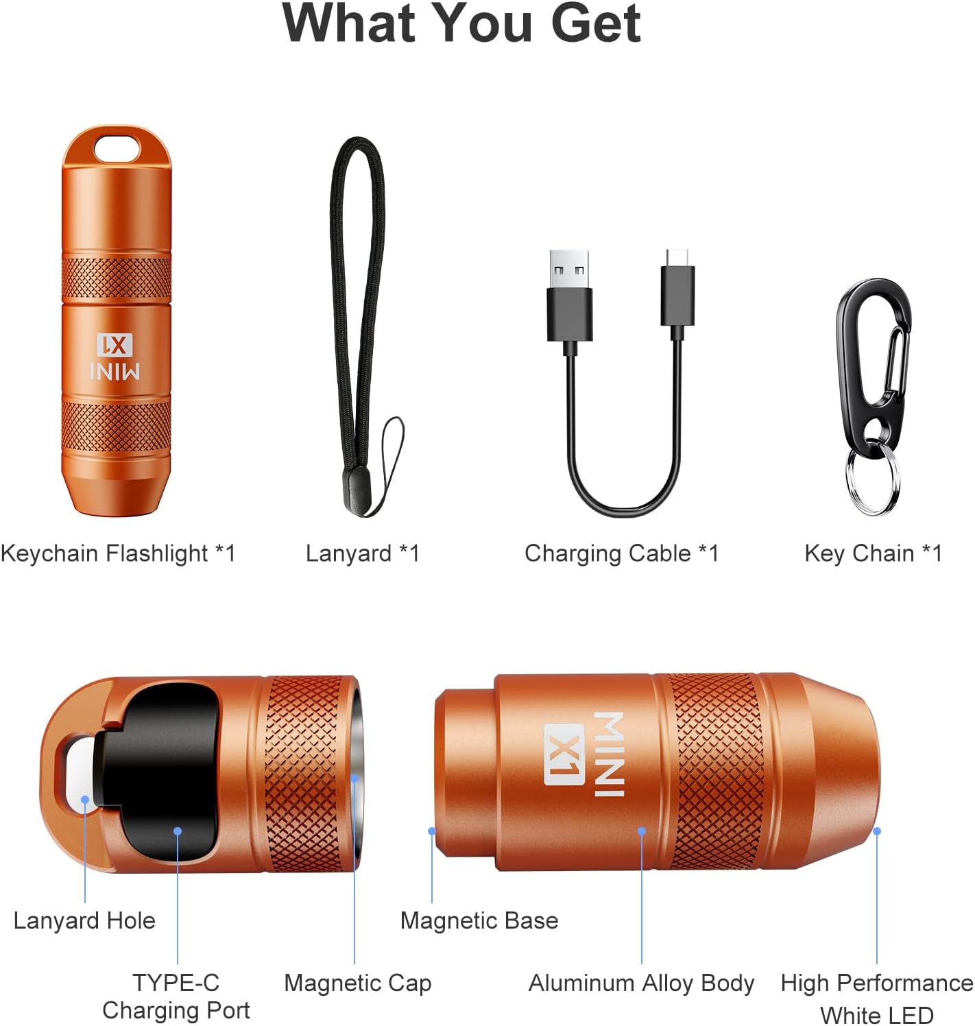 Skiennix Mini Keychain Flashlight - 100 Lumens USB-C Rechargeable Micro LED Torch | Waterproof IPX6, Orange