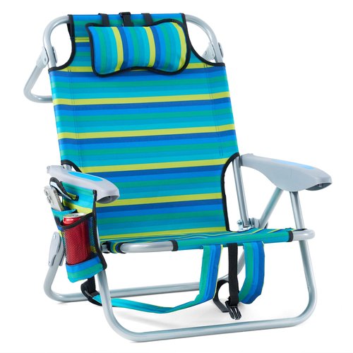 Canpsky Portable Recliners Chair for Adults, Outdoor Camping Chair Lay Flat Folding Backpack Reclining Chair with 5 Positions, Headrest, Zipper Pouch, Cup Holder, Multi Srtiped