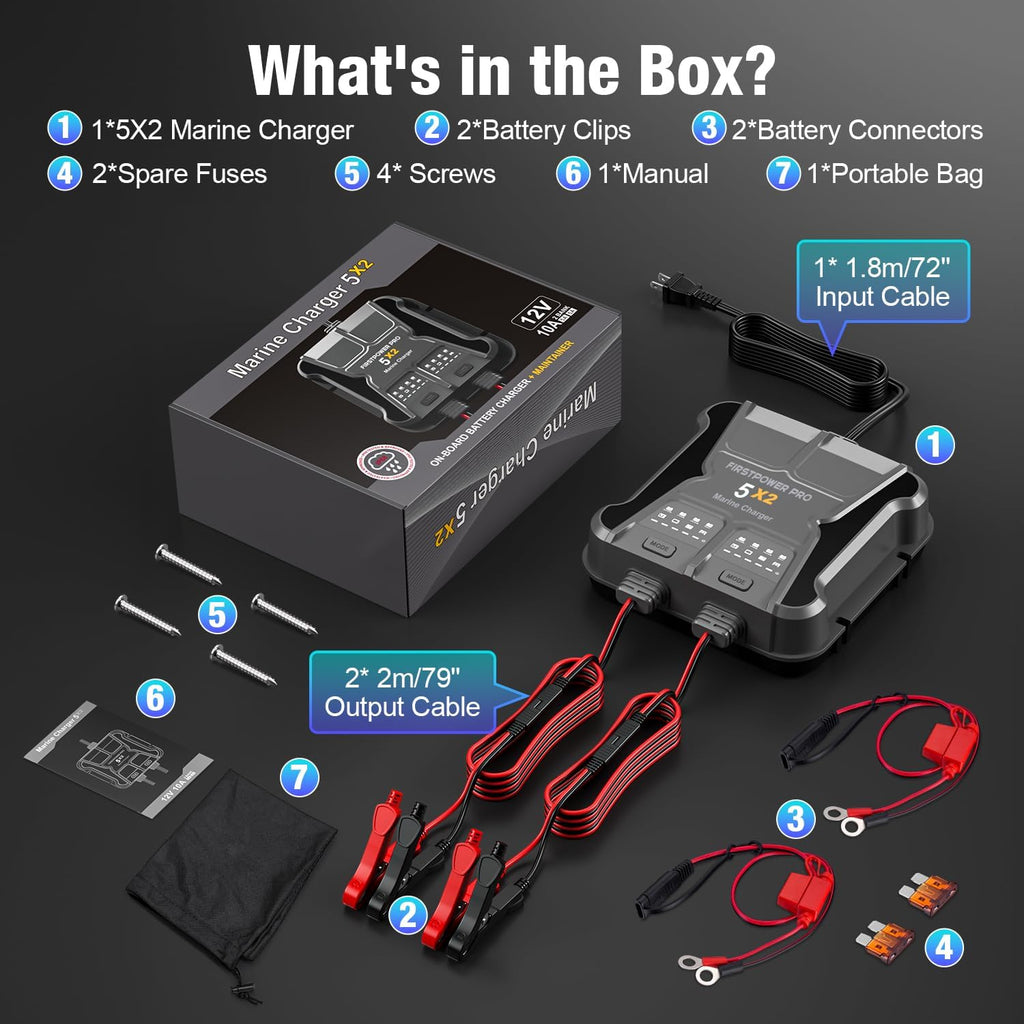2 Bank Marine Battery Charger - 10A Waterproof Onboard Battery Maintainer & Desulfator for SLA/AGM, Lithium, Calcium & Deep-Cycle Batteries