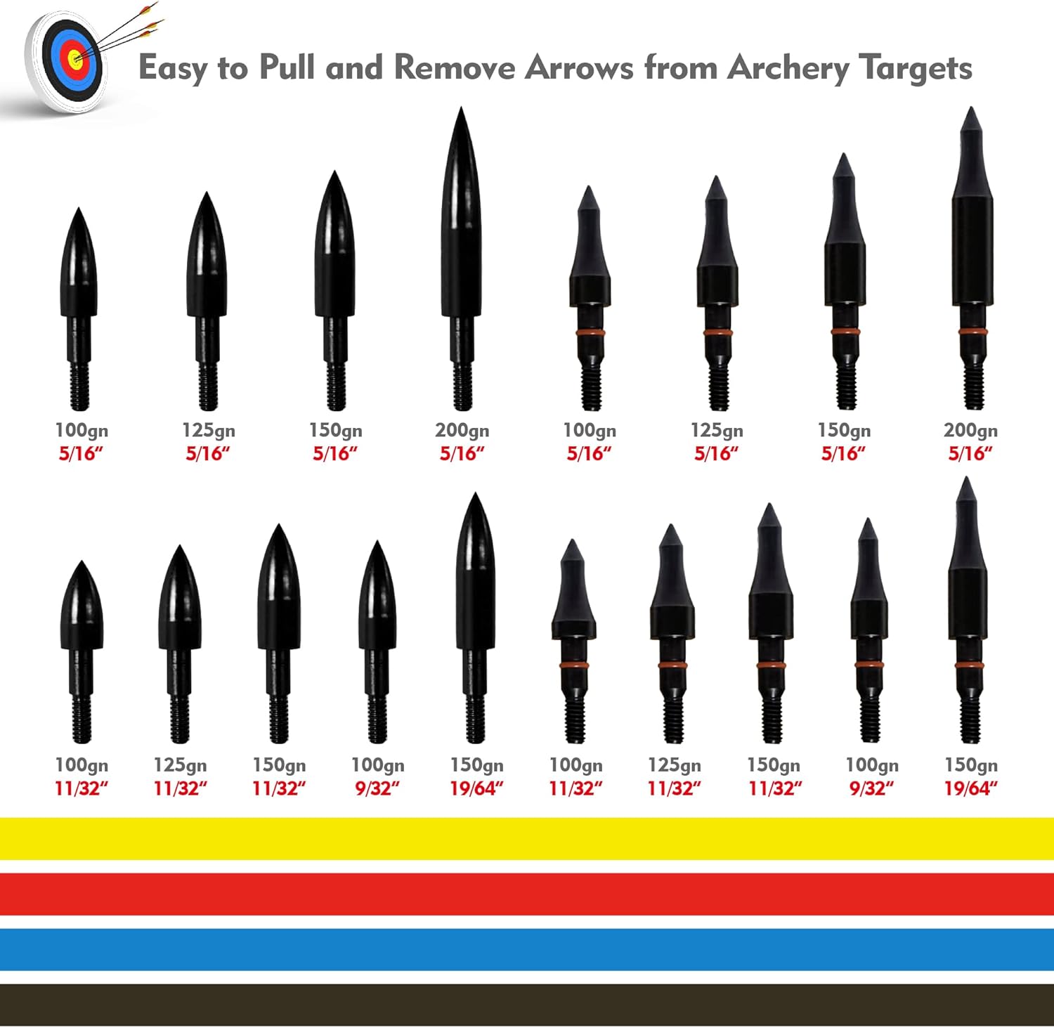 Skiennix Archery Arrow Tips - 12pcs Field Points for Target Practice | 100/125/150/200 Grain, 5/16 Inch