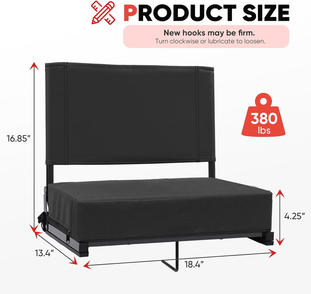 Stadium Seats - Padded Portable Bleacher Chair with Back Support & Handle Strap | 18.4in Wide for Sports & Outdoor Events