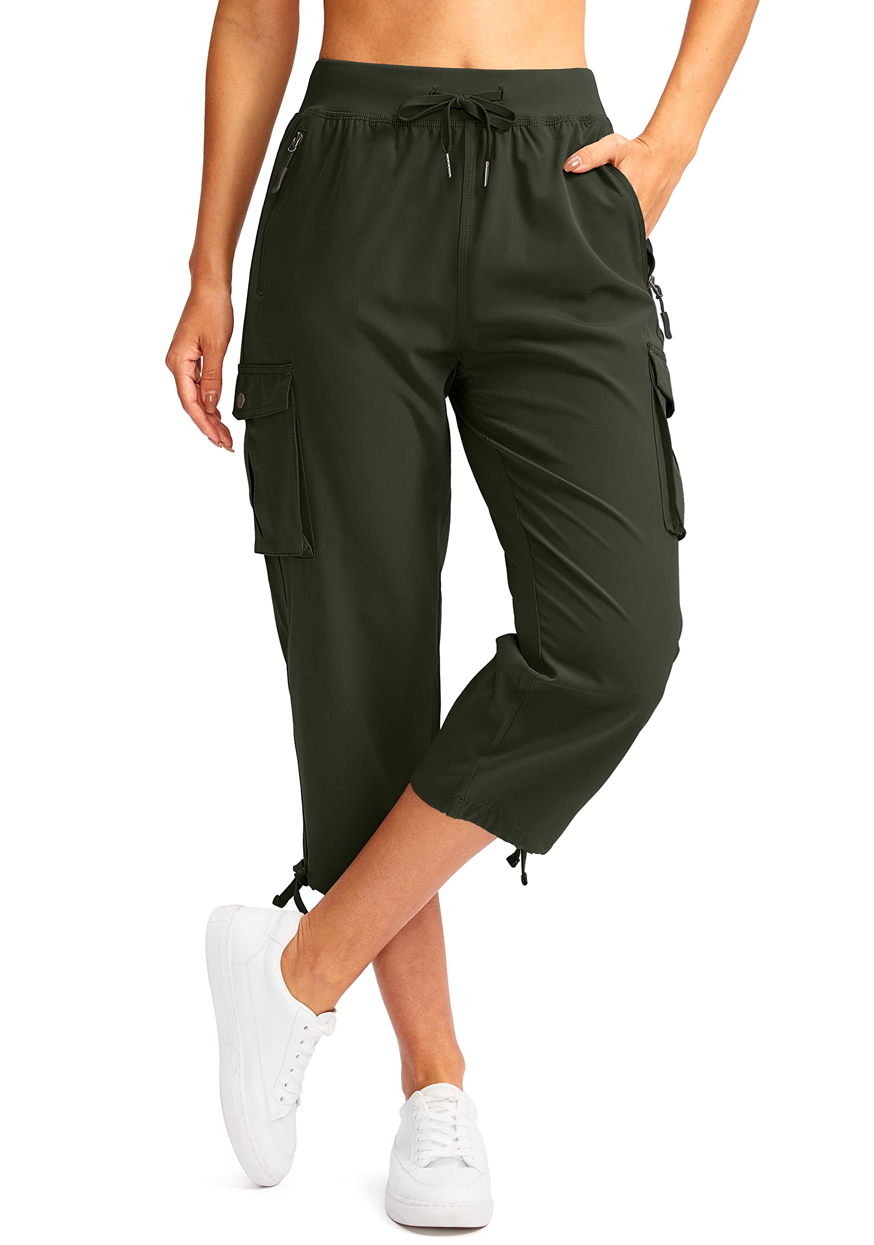 Soothfeel Women's Cargo Capris Pants with 6 Pockets Lightweight Quick Dry Travel Hiking Summer Pants for Women Casual (Army Green, XXL)