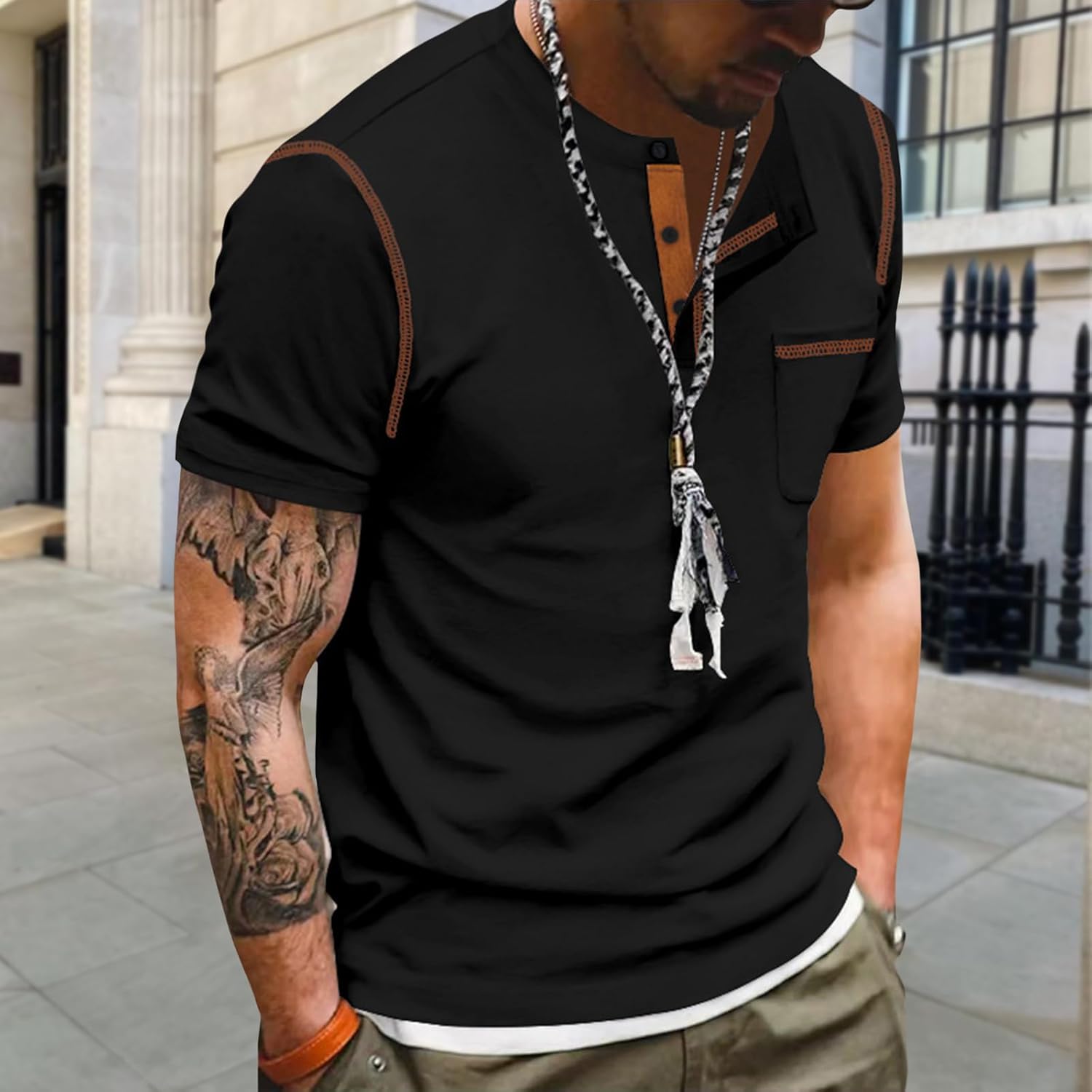 Skiennix Men's Henley Shirt - Fitted Short Sleeve V-Neck Top in Soft, Comfy Fabric | Casual Summer Tee