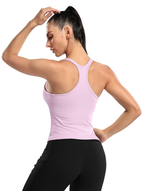 ATTRACO Cropped Workout Tops for Women Padded Basic Summer Ribbed Tank Tops Scoop Neck Pink M