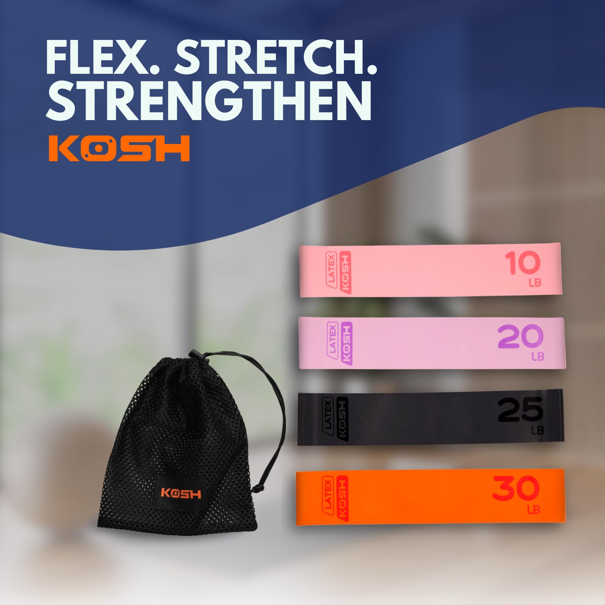 Kosh Resistance Exercise Bands – Set of 4 Natural Latex Loop Bands for Workout, Stretching, Physical Therapy – Includes Mesh Carry Bag
