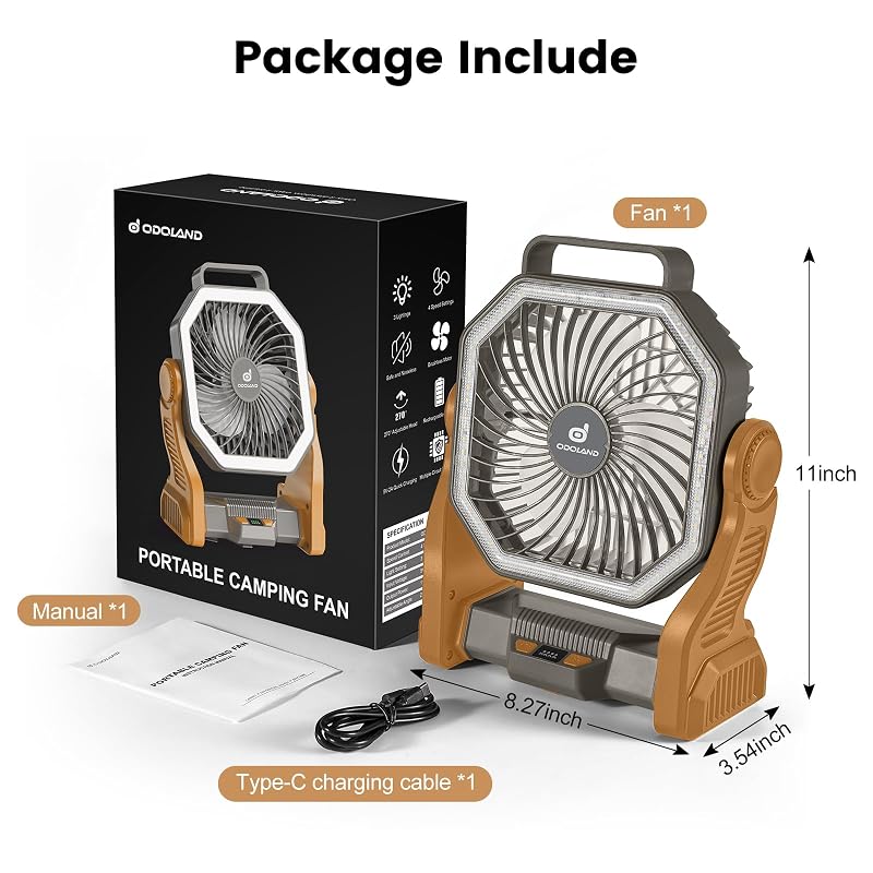 Odoland Portable Rechargeable Fan with 20000mAh Battery & LED Lantern - Brown