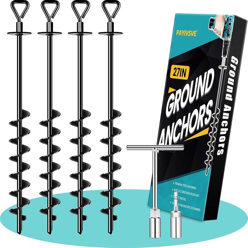 Ground Anchors Screw-In for High Wind - 4x27" Set with Wrench & Nut Driver (Black)