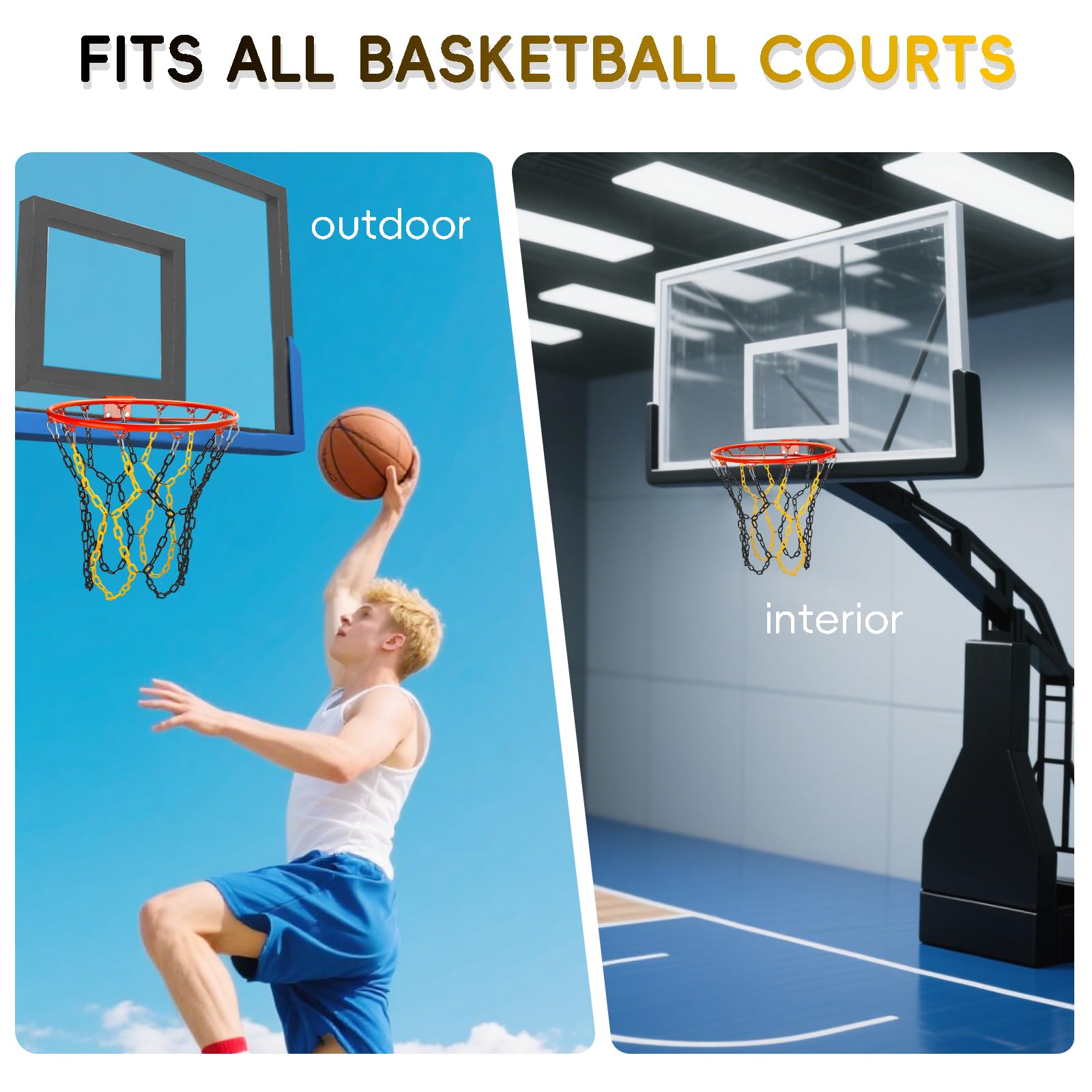 Basketball Net Replacement Heavy Duty,Resin Material, Anti-Rust Use Indoor Outdoor Standard 12-Ring Basketball Hoop (Black/Yellow)