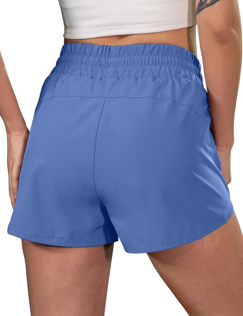BMJL Women's High Waisted Running Shorts - Athletic Gym Workout Shorts with Zipper Pockets, Large, Blue