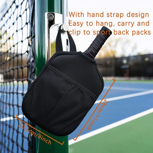 Neoprene Pickleball Paddle Cover with Inner Pockets and Handle Strap - Racket Sleeve with Ball Holder Organizer Bag (Red Art Print)