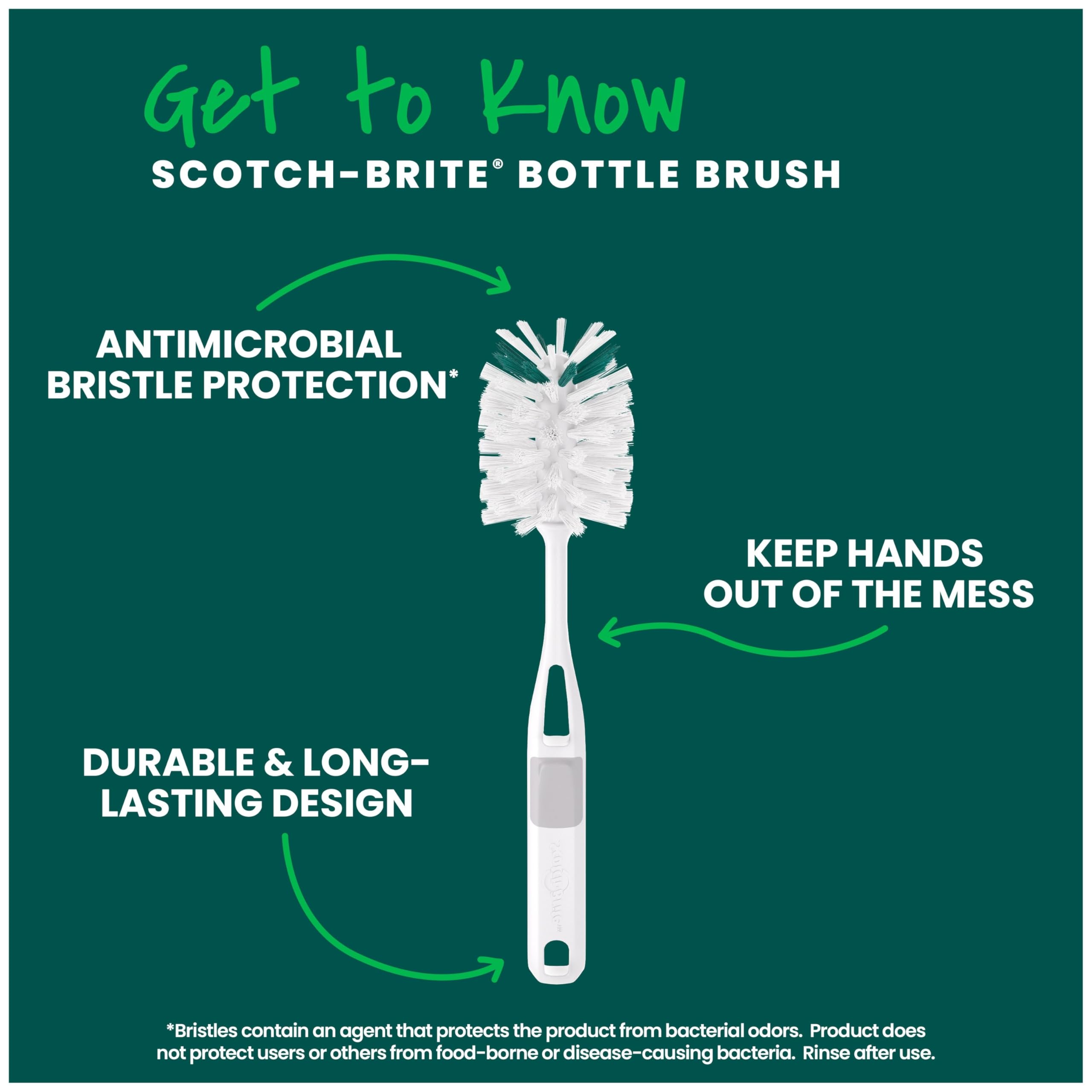 Scotch-Brite Glass and Water Bottle Brush, Long-Lasting, Safe on Glassware, Shaker Bottles, Food Processors, & More, Non-Slip Handle, Durable, Reusable, Clean in Top Rack of Your Dishwasher