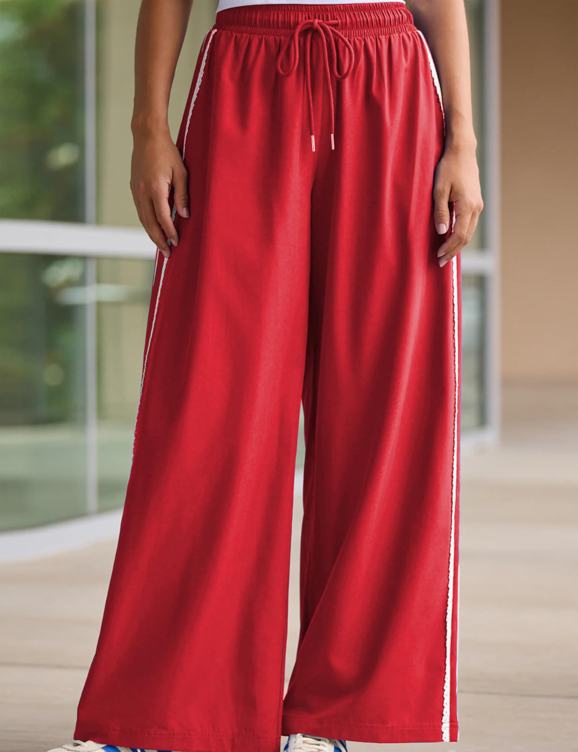 Yeokou Women's Wide Leg Sweatpants Side Stripe Crochet Slip on Drawstring Casual Running Track Palazzo Pants with Pockets (Red-S)