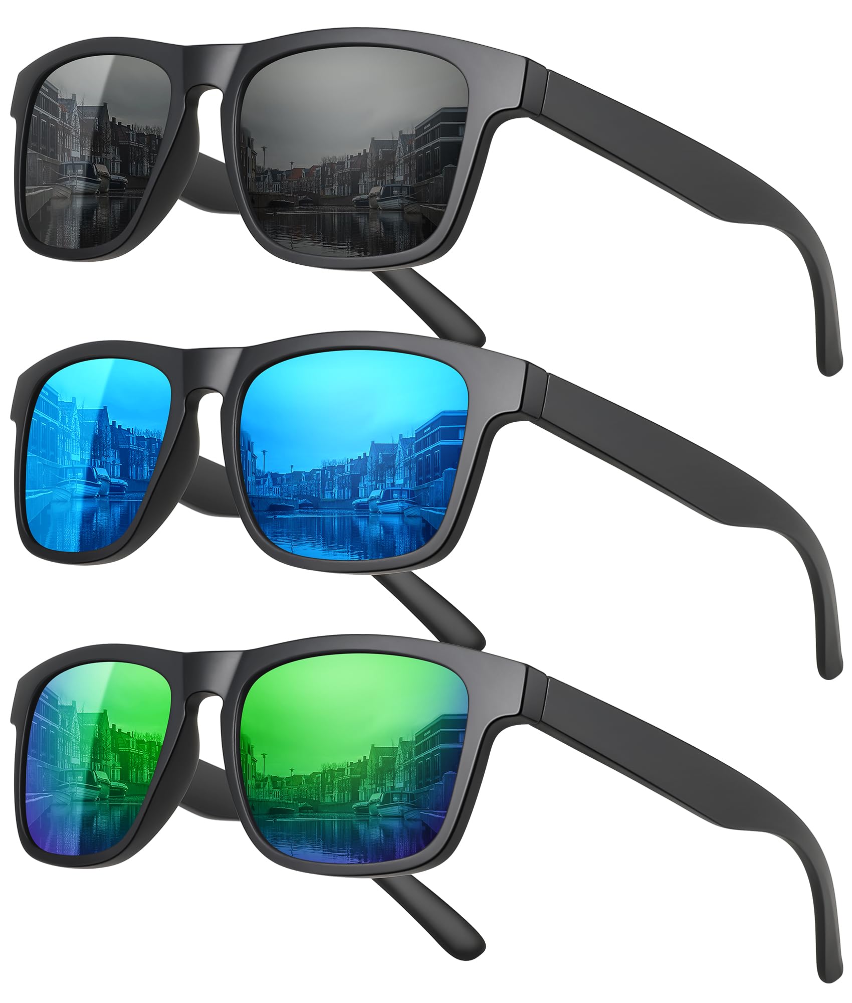 MEETSUN Polarized Sunglasses For Men Women UV Protection Square Frame Sport Fishing Driving Sunglasses (3 Pack) Black/Ice blue/Green