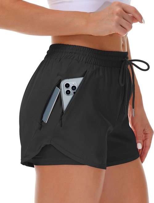 Mancreda Women's Running Shorts - Elastic Gym & Yoga Shorts with 3 Zipper Pockets