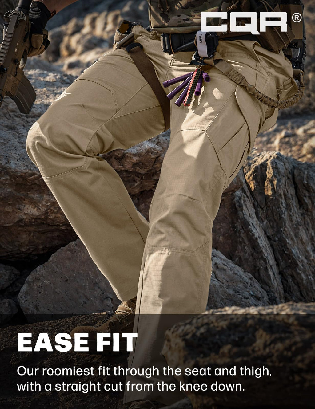 CQR Men's Tactical Pants, Water Resistant Ripstop Cargo Pants, Lightweight EDC Work Hiking Pants, Outdoor Apparel, Raider Khaki, 42W x 30L
