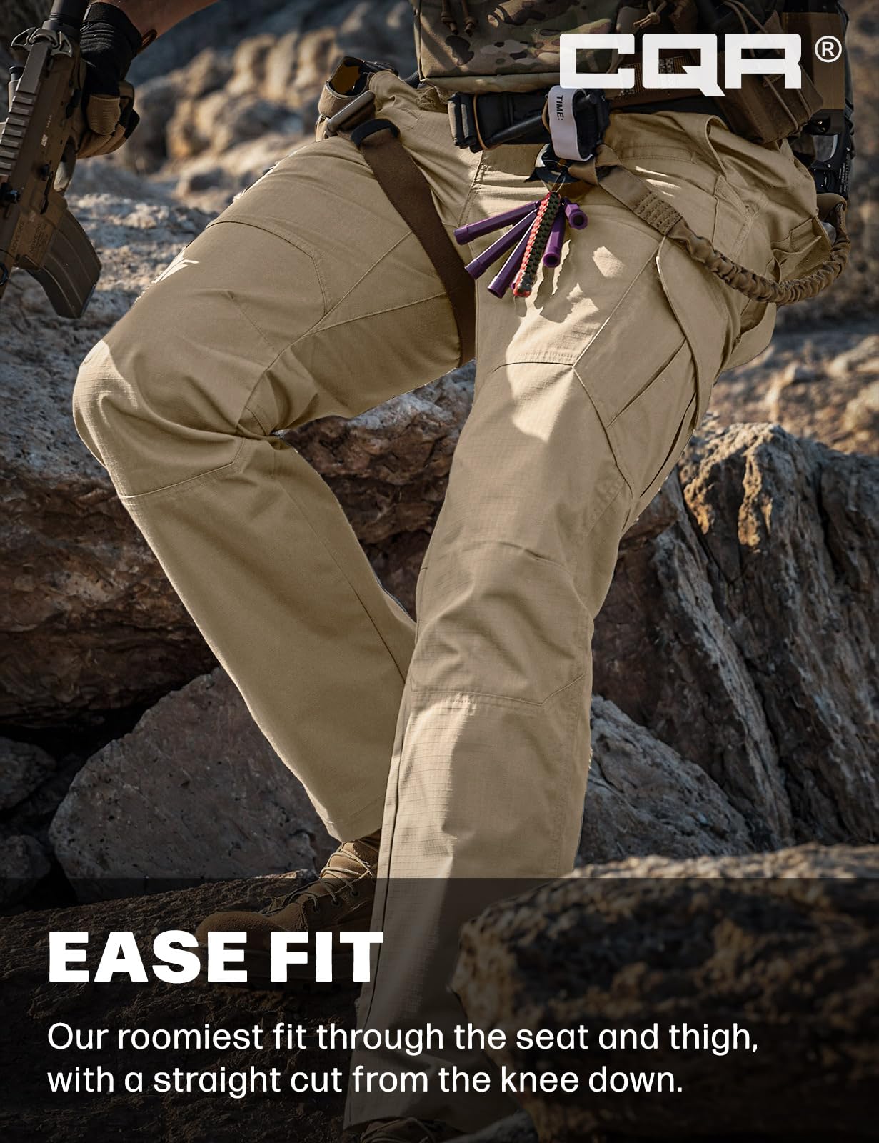 CQR Men's Tactical Pants, Water Resistant Ripstop Cargo Pants, Lightweight EDC Work Hiking Pants, Outdoor Apparel, Raider Khaki, 42W x 30L