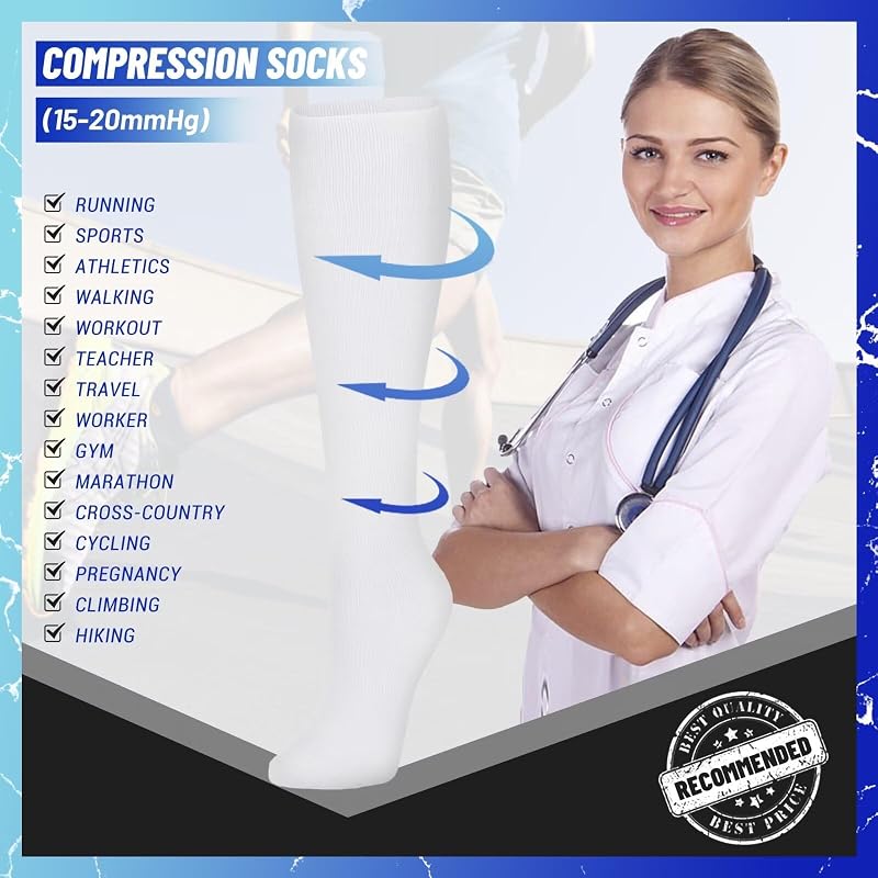 NANNBAKE 3 Pairs Compression Socks for Men & Women 15-20 mmHg Knee High White Small-Medium - Variation 02