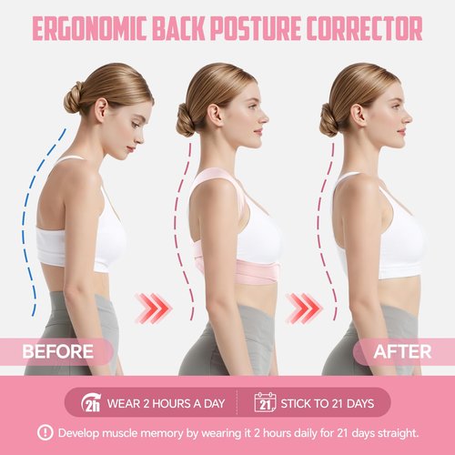 FHOCSLO Posture Corrector for Women, Adjustable Upper Back Brace to Relief Neck Shoulder Pain, Back Support Straightener for Scoliosis and Hunchback (Pink, L/XL)