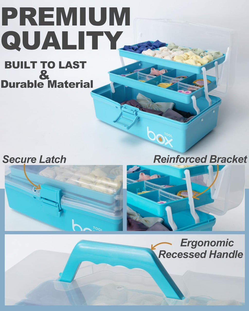 Skiennix 12-Inch 3-Layer Craft Organizer - Portable Tackle Box with Adjustable Dividers | Blue