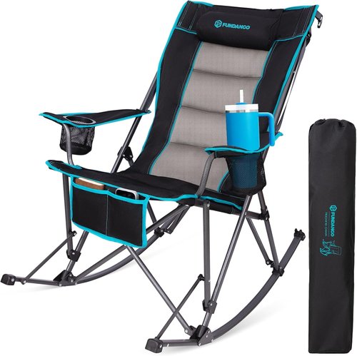 FUNDANGO Oversized Rocking Camping Chair - High Back Padded with Pillows & Cup Holders | Supports 440lbs (Black)