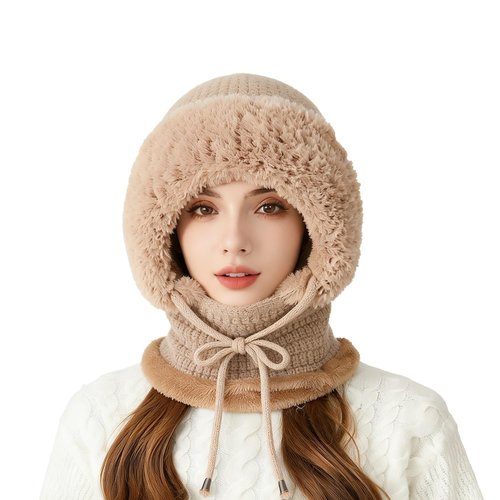 3 in 1 Beanie Hat with Scarf and Mask, Women’s Plush-Lined Winter Balaclava, Wind-Resistant Knitted Hooded Scarf & Ski Mask Set for Cold Weather (Khaki)