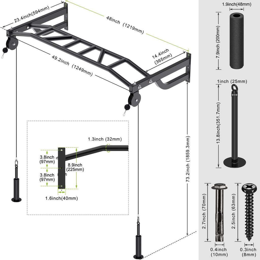 SELEWARE 48" Wall Mount Pull Up Bar with Pulley System, Heavy Duty Multi-Grip Chin Up Bar for Home Gym, 500 lbs Capacity, Fits 16" & 24" Wood Studs, Upper Body Workout Equipment for Strength Training