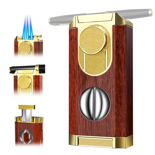 All-in-One Triple Torch Lighter, Built-in V Cutter, Holder, Adjustable Windproof Jet Flames Lighter, Refillable Butane Design, Ideal Gift for Men with Gift Box (Butane not Included)