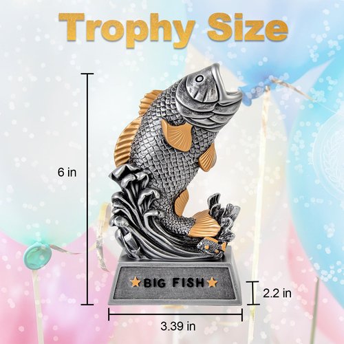 Funny Big Fish Trophy Award - 6" Handmade Statue for Best Catch - Unique Fishing Gift for Dad, Husband, Grandpa & Anglers - Tournament Prize, Father's Day & Birthday Gag Gifts, Man Cave Decor