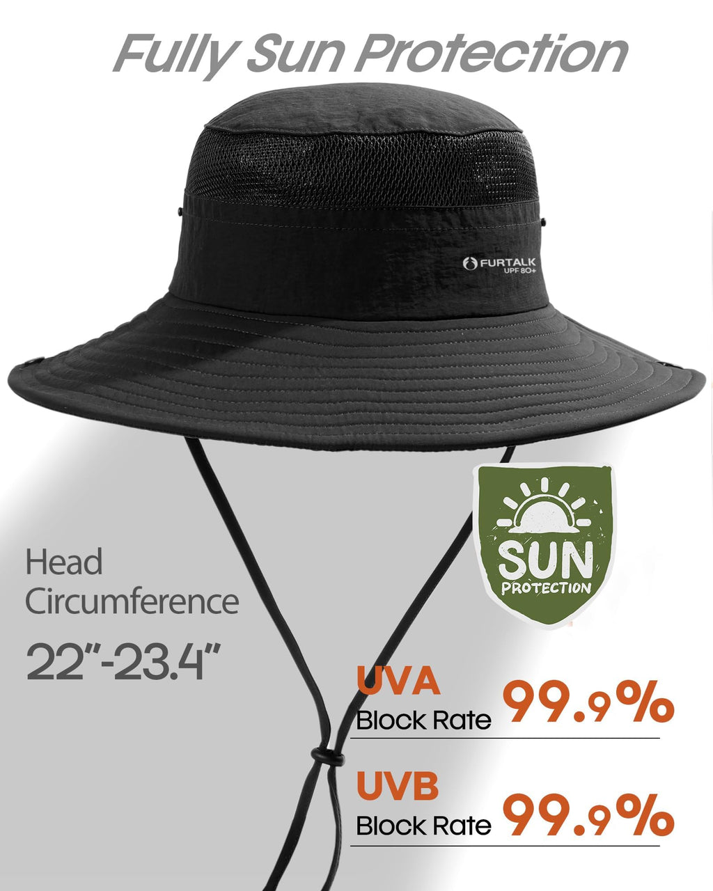FURTALK Sun Hats for Men Women Fishing Hat UPF 80+ Breathable Wide Brim Hiking Summer UV Protection Bucket Hats Black