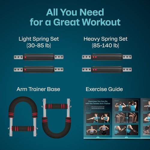 ENERGILZ Twister Arm Trainer | Chest Workout Equipment Also for Biceps, Shoulders, Forearms, Back, Legs; Arm Chest Trainer for Men, Women, Beginners, Pros | 2 Spring Sets, 6 Resistance Levels (Red)