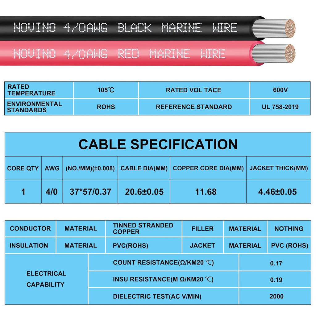 **4/0 Gauge Marine Wire - Tinned Copper Electrical Cable for Boats | 5FT Red & 5FT Black**