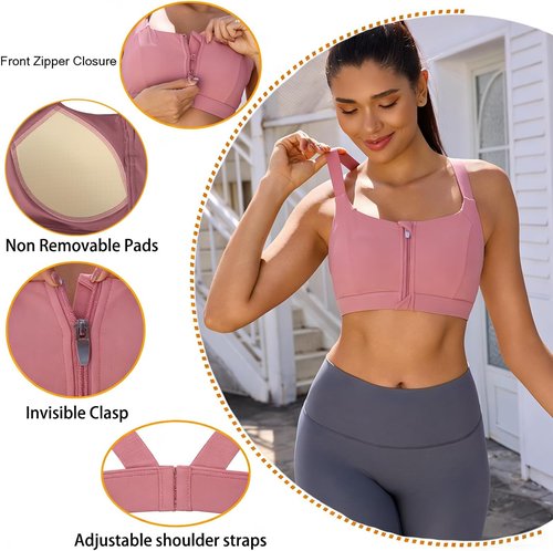 FLORATA Women's Zip Front Sports Bra - Seamless Wirefree Design with Removable Cups | Ideal for Yoga & Post-Surgery
