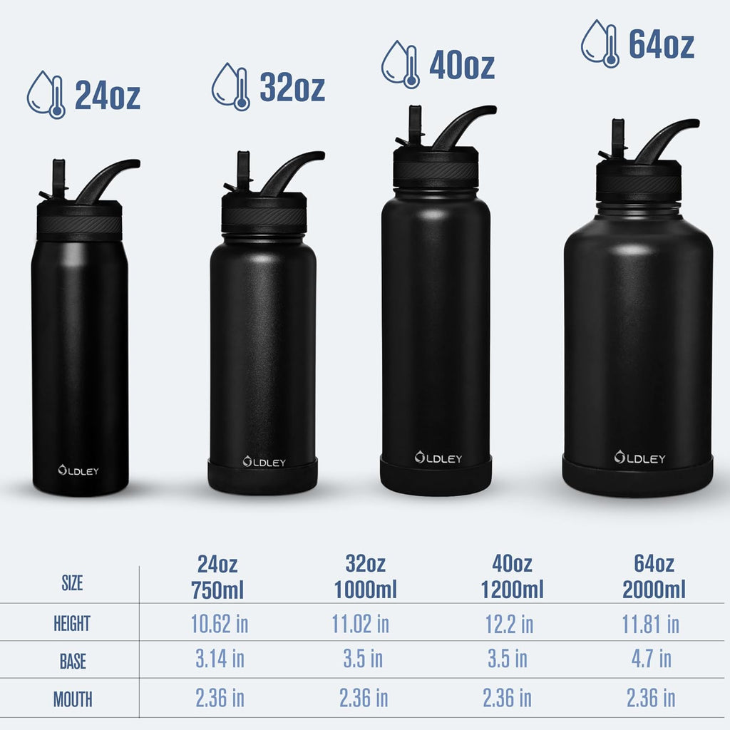 OLDLEY 40 oz Insulated Water Bottle - Stainless Steel Sports Flask with 3 Lids | Black Travel Mug