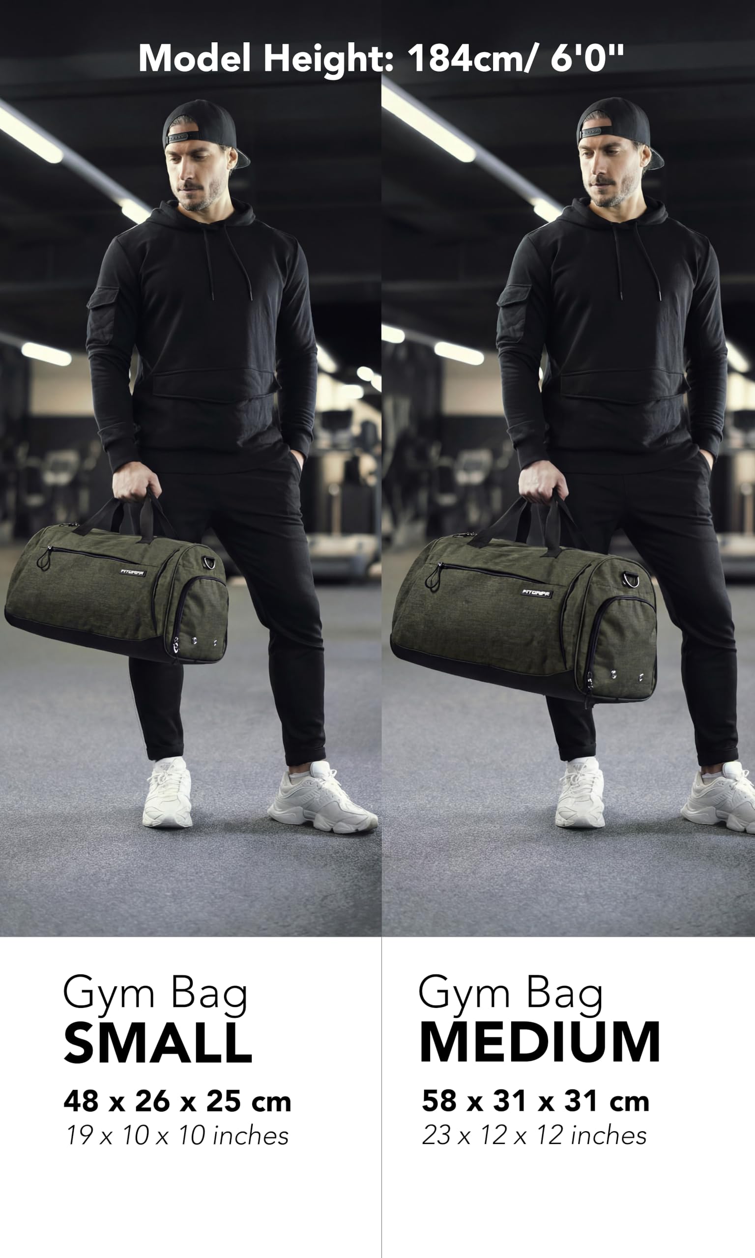 Fitgriff® Gym Bag for Men & Women with Shoe & Wet Compartment - Duffle Bag for Travel, Sports, Fitness & Workout (Army Green, 23 x 12 x 12″ (Medium))